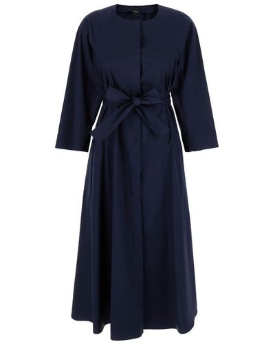 Plain Long Dress With Belt - Blue