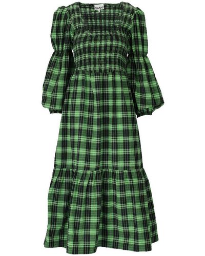 Ganni Long Sleeve Green Seersucker Check Maxi Smock Dress