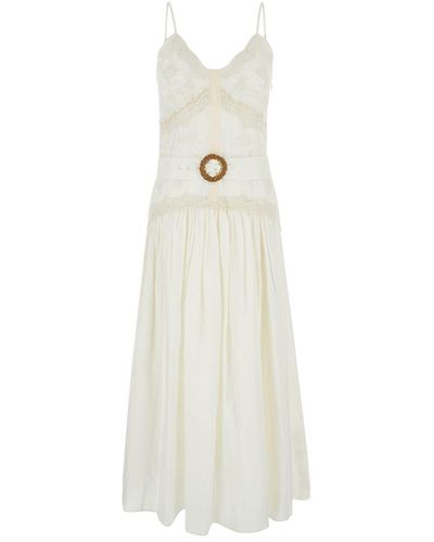Twin Set Long Cream Dress With Embroideries And Matching Belt - White