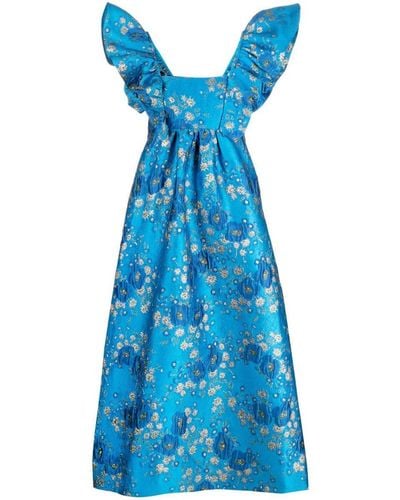 Ganni 3d Jacquard Floral-print Midi Dress - Blue