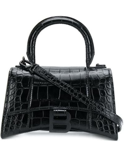 Balenciaga Xs Hourglass Top Handle Bag In Croc-embossed Calfskin - Black