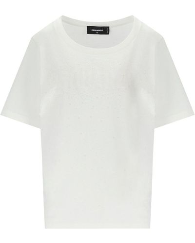 DSquared² Easy Fit White T-shirt With Rhinestones