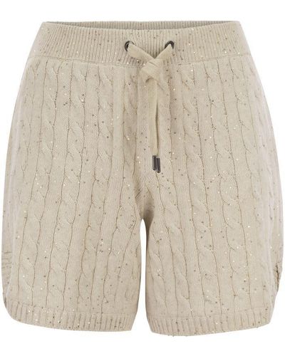 Brunello Cucinelli Cotton Knit Shorts With Sequins - Natural