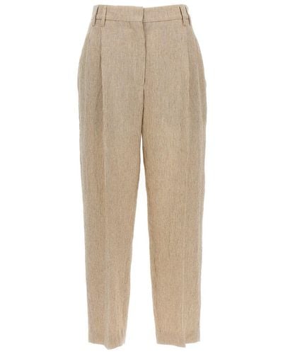 Brunello Cucinelli With Striped Front Pleats Trousers - Natural