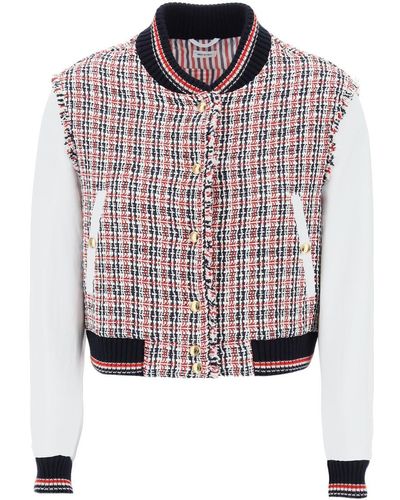 Thom Browne Tweed Bomber Jacket With Leather Sleeves - Pink