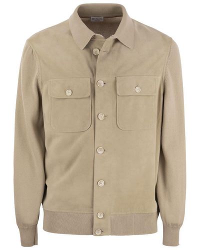 Brunello Cucinelli Suede Shirt-Style Cardigan With Pockets - Natural