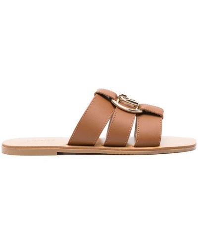 Liu Jo Leather Slides With Logo Plaque - Brown