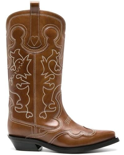 Ganni Embroidered Leather Western Boots - Brown