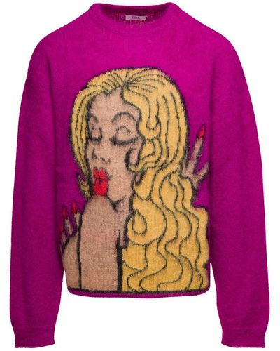 ERL Kiss Mohair Intarsia Sweater Knit - Pink