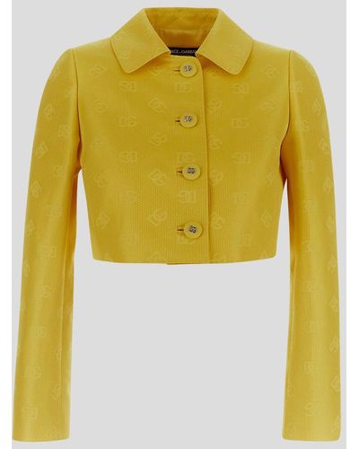 Dolce & Gabbana Short Quilted Jacquard Jacket With Dg Logo - Yellow