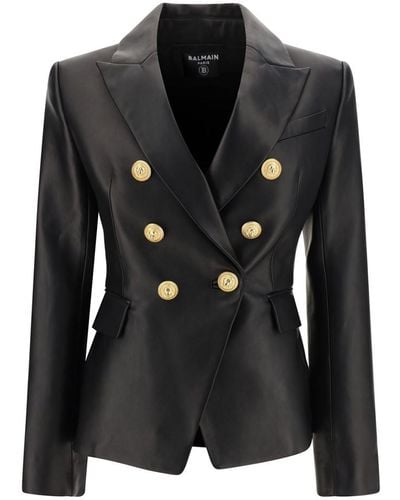 Balmain Double-Breasted Leather Blazer - Black