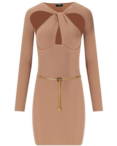 Elisabetta Franchi Nude Knitted Dress With Twist Neck - Brown