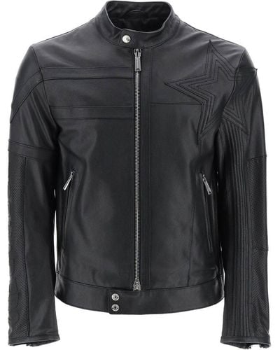 DSquared² Leather Biker Jacket With Contrasting Lettering - Black