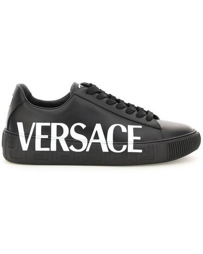 Versace La Greca Logo Leather Trainers - Black