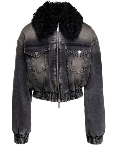 Blumarine Black Jacket With Faux Fur Collar And Logo Embroidery In Stretch Cotton Denim Woman