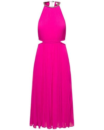 MICHAEL Michael Kors Midi Fucshia Pleated Dress With Chain And Cut-Out - Pink