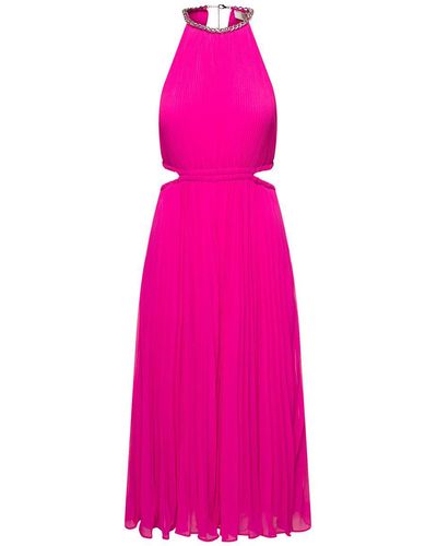 Michael Kors Midi Fucshia Pleated Dress With Chain And Cut-out Detail In Recycled Polyester Blend - Pink