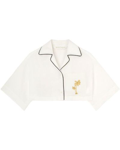 Palm Angels Logo-embroidered Cropped Linen Shirt - White