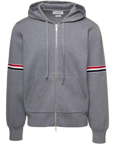 Thom Browne Milano Hoodie With Striped Detailing In Cotton - Grey