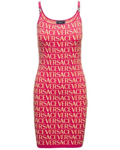 Versace Mini Fuchsia Dress With All-Over Logo Lettering Print And Medu - Red