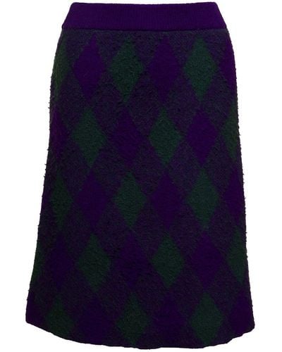 Burberry Midi Purple Skirt With Argyle Print In Wool - Blue