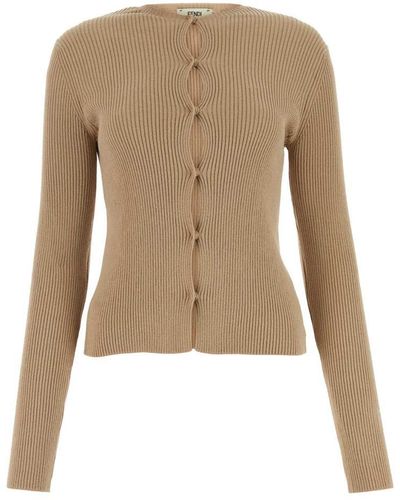 Fendi Ribbed Cardigan Sweater, Cardigans - Natural