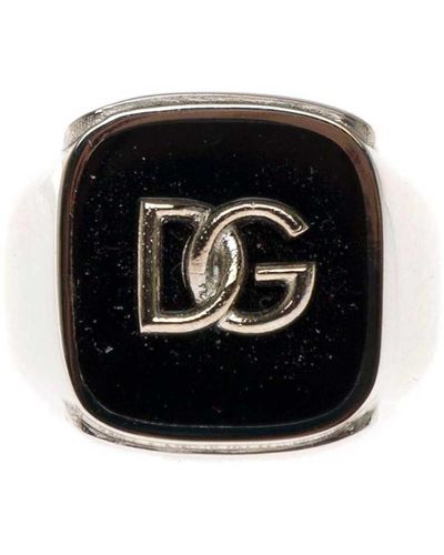 Dolce & Gabbana Enamelled Brass Ring With Logo - Black