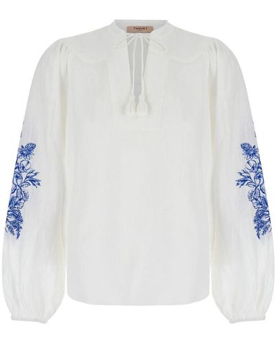Twin Set Linen Blouse With Contrast Embroidery - White