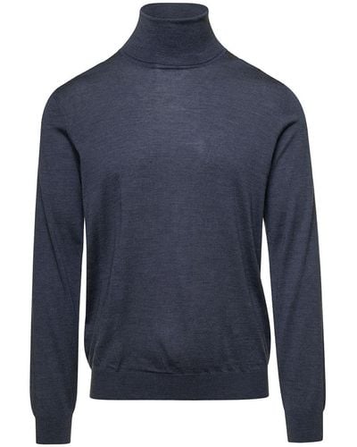 Laneus Grey Sweater With Turtleneck And Ribbed Trim In Wool And Silk Man - Blue