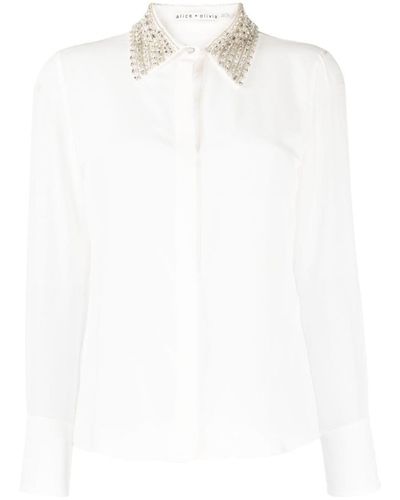 Alice + Olivia Alice + Olivia Crystal Embellished Silk Shirt - White