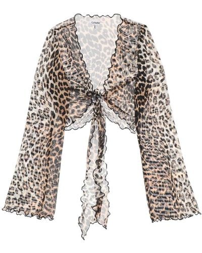 Ganni Cover Up Cropped Top In Mesh With Leopard Print - White