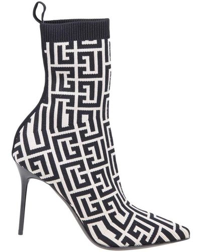 Balmain Ankle Boot In Monogram Stretch Fabric - White