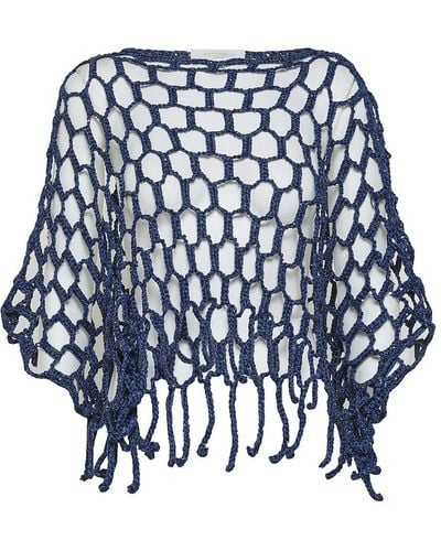 Antonelli Linen And Cotton Blend Perforated Cape Sweater - Blue