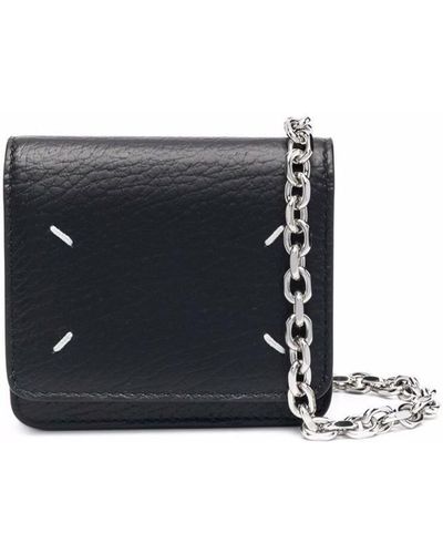 Maison Margiela Black Wallet With Silver-tone Chain And Stitching Detail In Leather - Blue