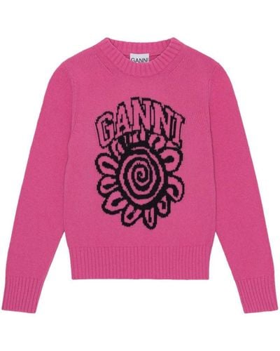 Ganni Wool Crewneck Jumper - Pink