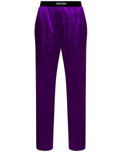 Tom Ford Purple Satin Pants With Logo On Waistband In Stretch Silk Woman