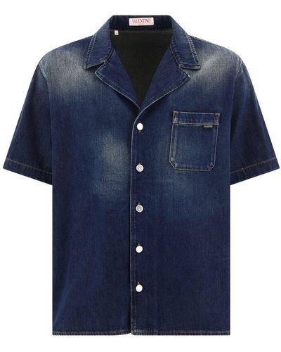 Valentino Cotton Bowling Shirt In Denim Chambray - Blue