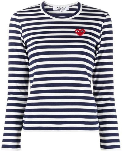 Comme des Garçons Logo Striped Cotton T-Shirt - Blue