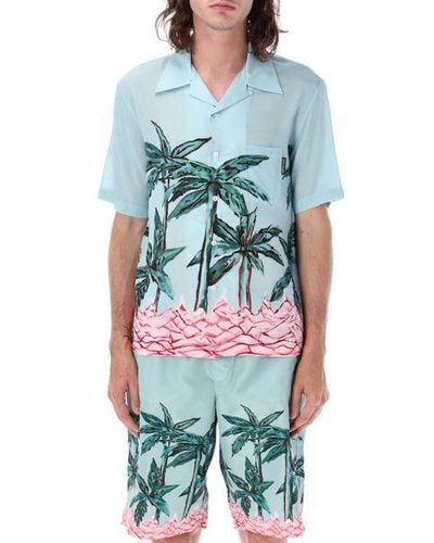 Palm Angels Palms Row Button-up Bowling Shirt - Blue