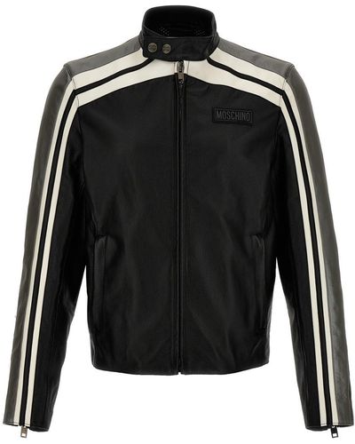 Moschino Leather Jacket With Contrasting Bands Casual Jackets, Parka - Black