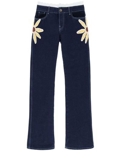 Siedres Low-Rise Jeans With Crochet Flowers - Blue