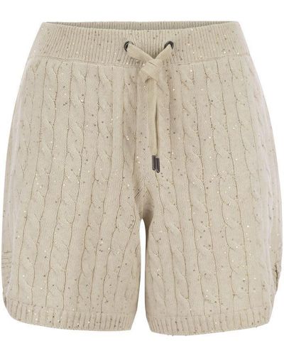 Brunello Cucinelli Cotton Knit Shorts With Sequins - Natural