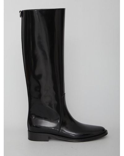 Saint Laurent Hunt Boots In Glazed Leather - Black