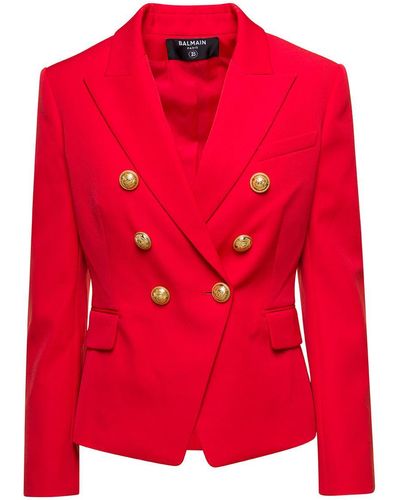Balmain Bright Red Double-breasted Jacket With Jewel Buttons In Wool Woman