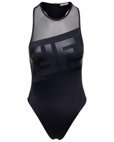 Fendi One-piece Swimsuit With Ff Motif And Trasparent Insert In Polyamide Stretch - Blue