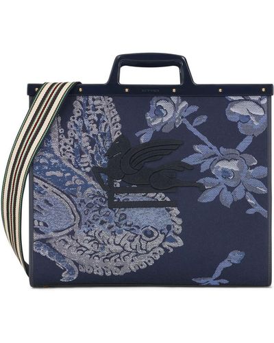 Etro Large Love Trotter Bag In Navy Blue Jacquard With Birds