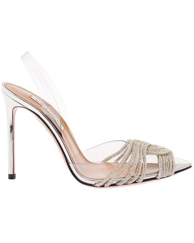 Aquazzura 'gatsby Sling' Silver Court Shoes With Crystals Knot Detail In Clear Pvc Woman - Metallic