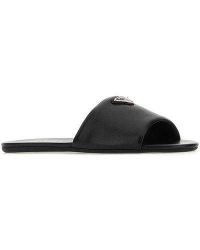 Prada Logo Plaque Leather Sandal - Black