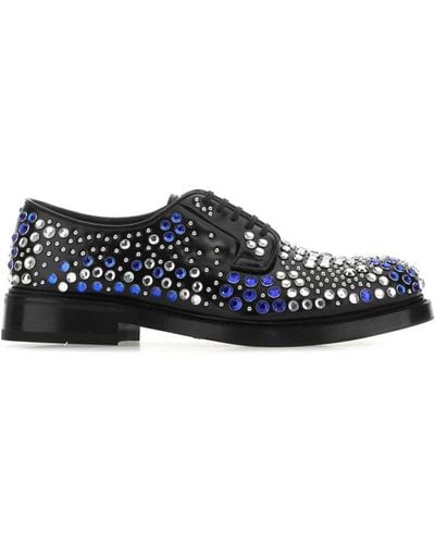 Prada Brushed Leather Derby Shoes With Studs And Rhinestones - Black