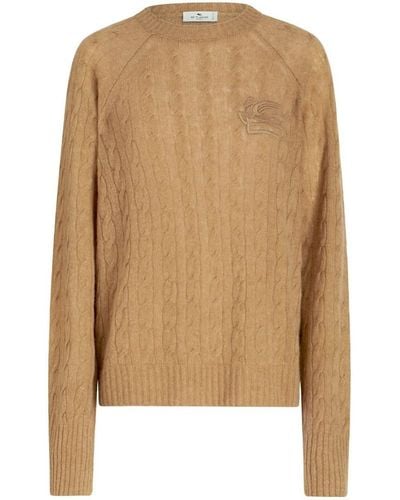 Etro Cable Knit Sweater With Embroidered Logo - Natural